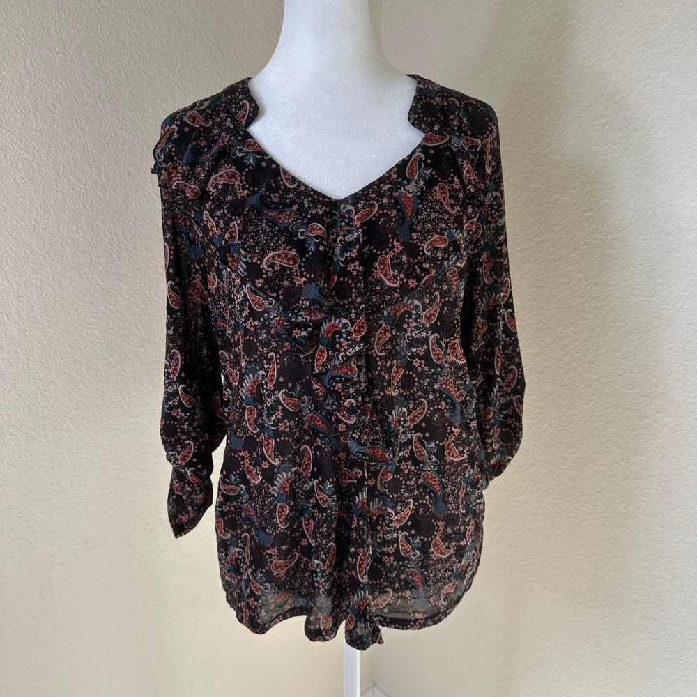 Siren Lily Blouse Womens PL Black Paisley Ruffle V-Neck Roll Tab Sleeve Boho